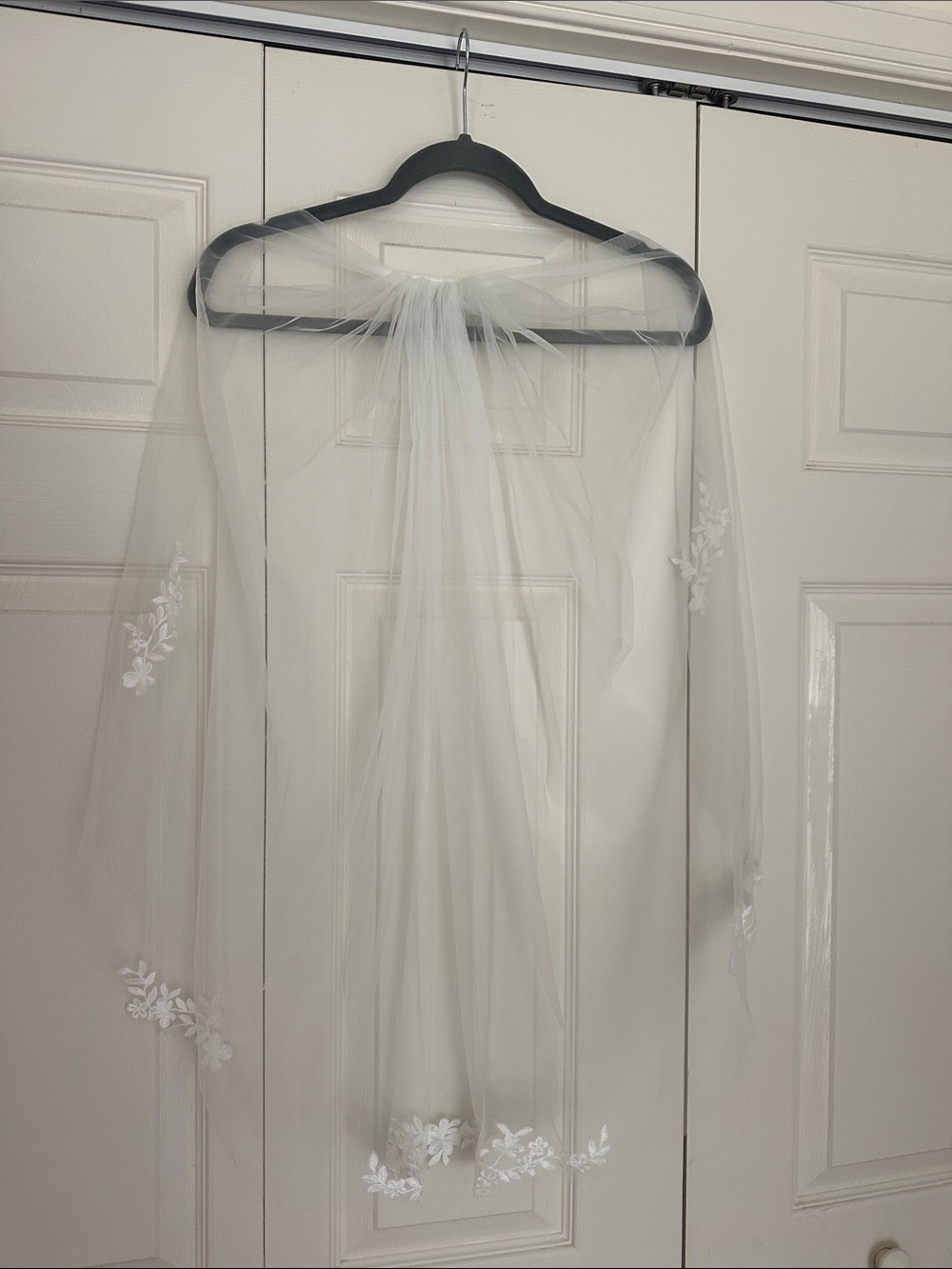 White Sheer Bridal Veil Cape with Floral Lace Trim